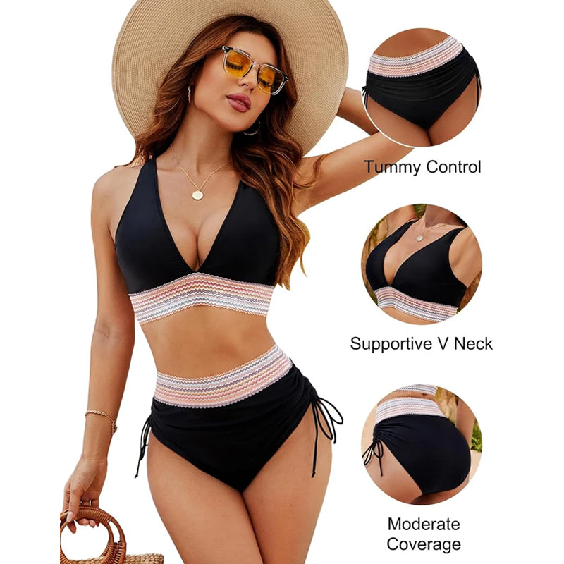 ๐๐2025 High Waisted Tummy Control Colour Block Bikini Sets