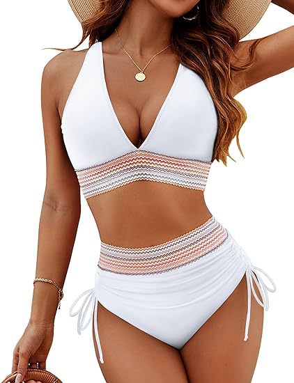๐๐2025 High Waisted Tummy Control Colour Block Bikini Sets