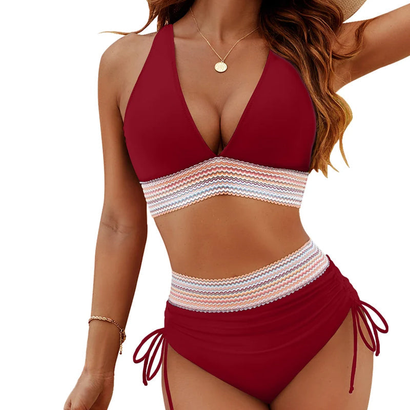 ๐๐2025 High Waisted Tummy Control Colour Block Bikini Sets