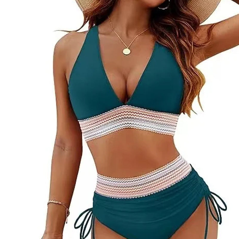๐๐2025 High Waisted Tummy Control Colour Block Bikini Sets