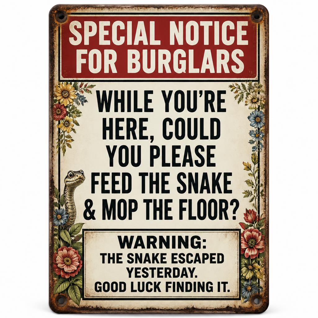 ๐ "Going Away?" Funny Snake Metal Sign โ Psychological Burglar Deterrent for Garden & Gate ๐