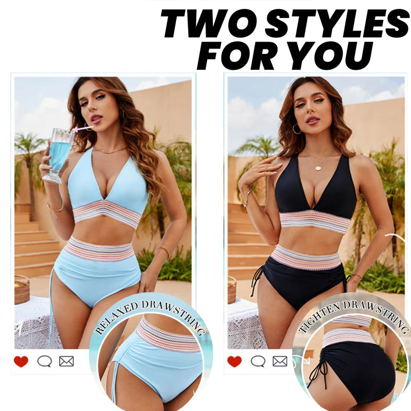 ๐๐2025 High Waisted Tummy Control Colour Block Bikini Sets