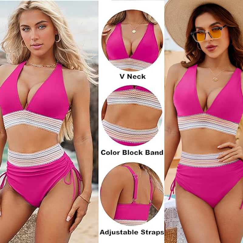 ๐๐2025 High Waisted Tummy Control Colour Block Bikini Sets