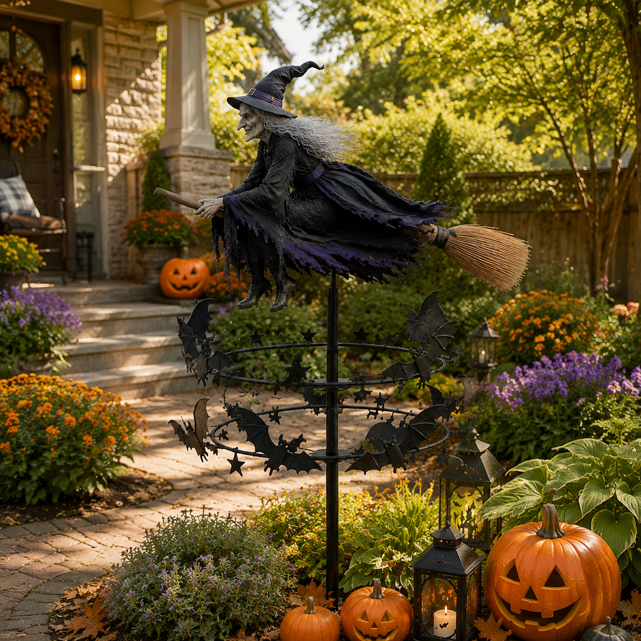 Witch and Bat Kinetic Wind Spinner - Enchanted Halloween Garden Decoration