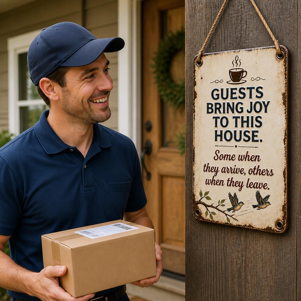☕ "Guests Bring Joy" Cheeky Vintage Metal Sign 🐦 | Cosy Home Decor & Fun Gift
