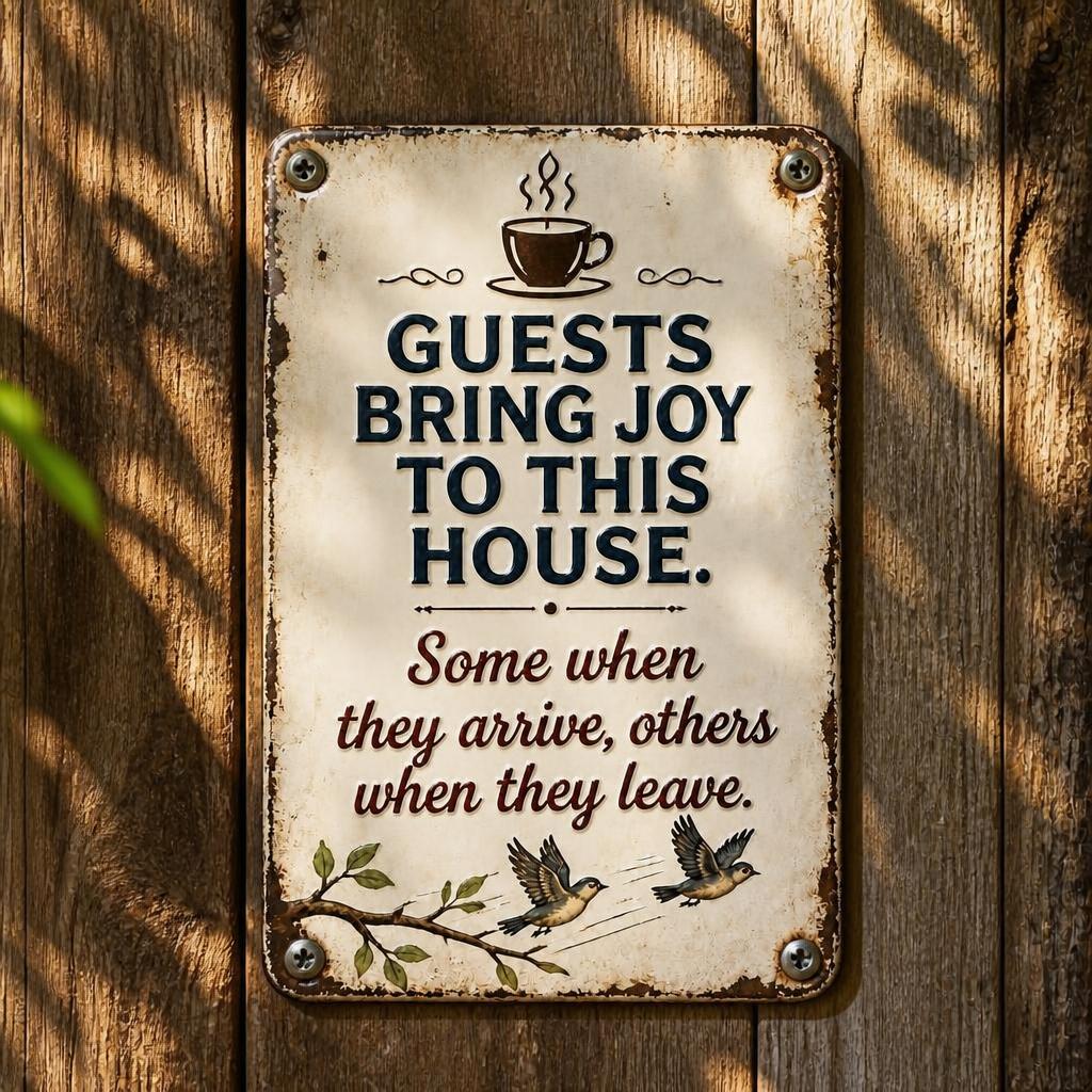 ☕ "Guests Bring Joy" Cheeky Vintage Metal Sign 🐦 | Cosy Home Decor & Fun Gift