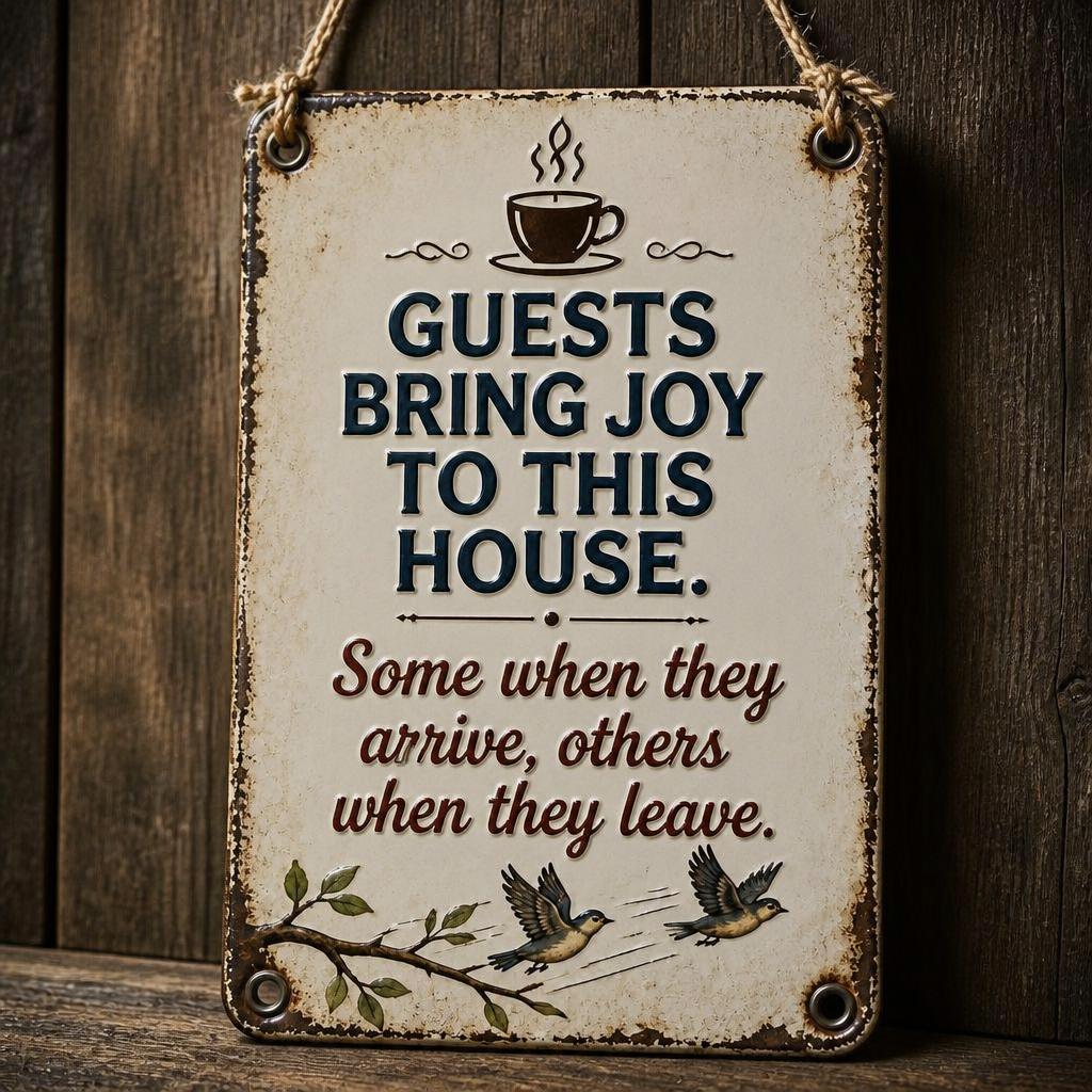 ☕ "Guests Bring Joy" Cheeky Vintage Metal Sign 🐦 | Cosy Home Decor & Fun Gift