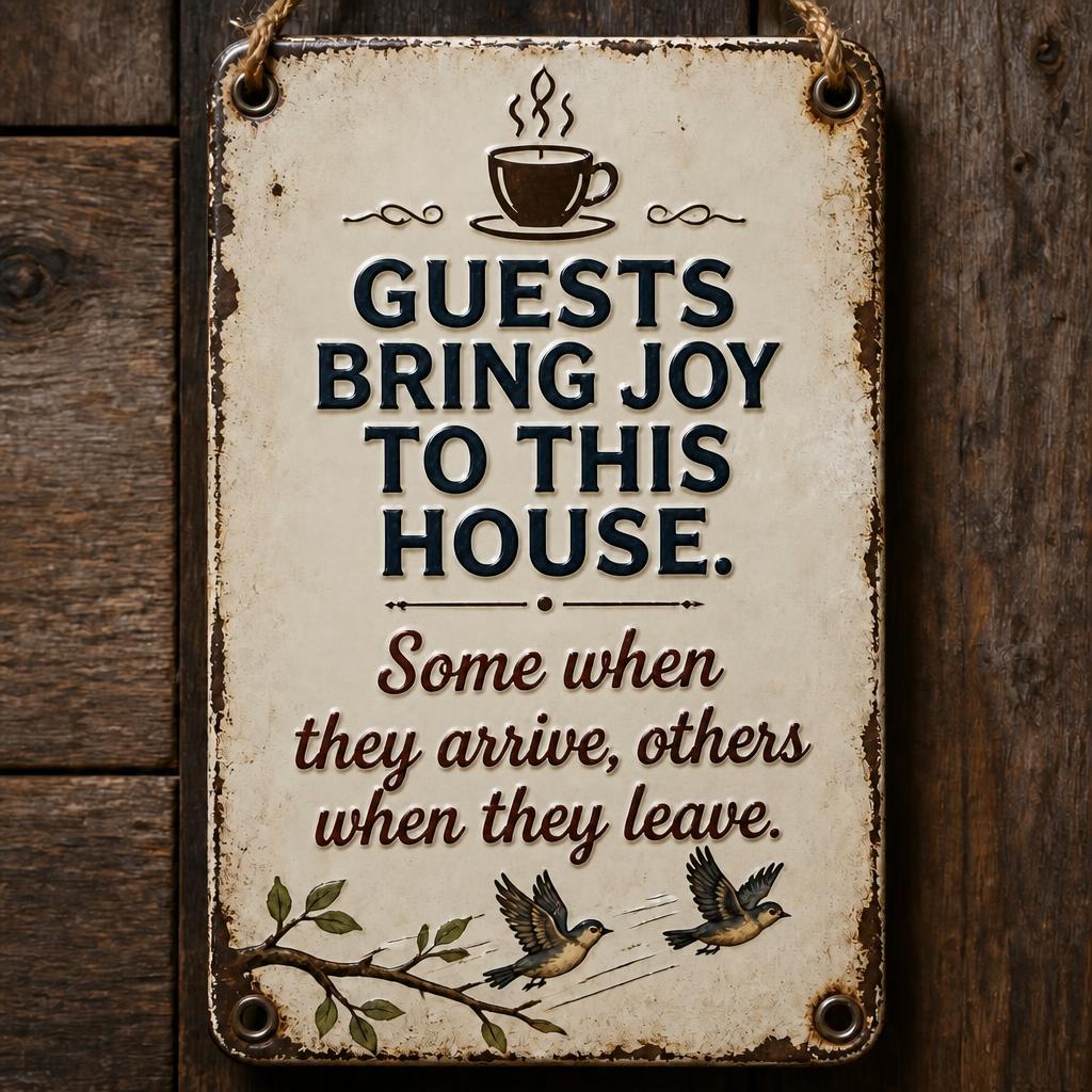 ☕ "Guests Bring Joy" Cheeky Vintage Metal Sign 🐦 | Cosy Home Decor & Fun Gift