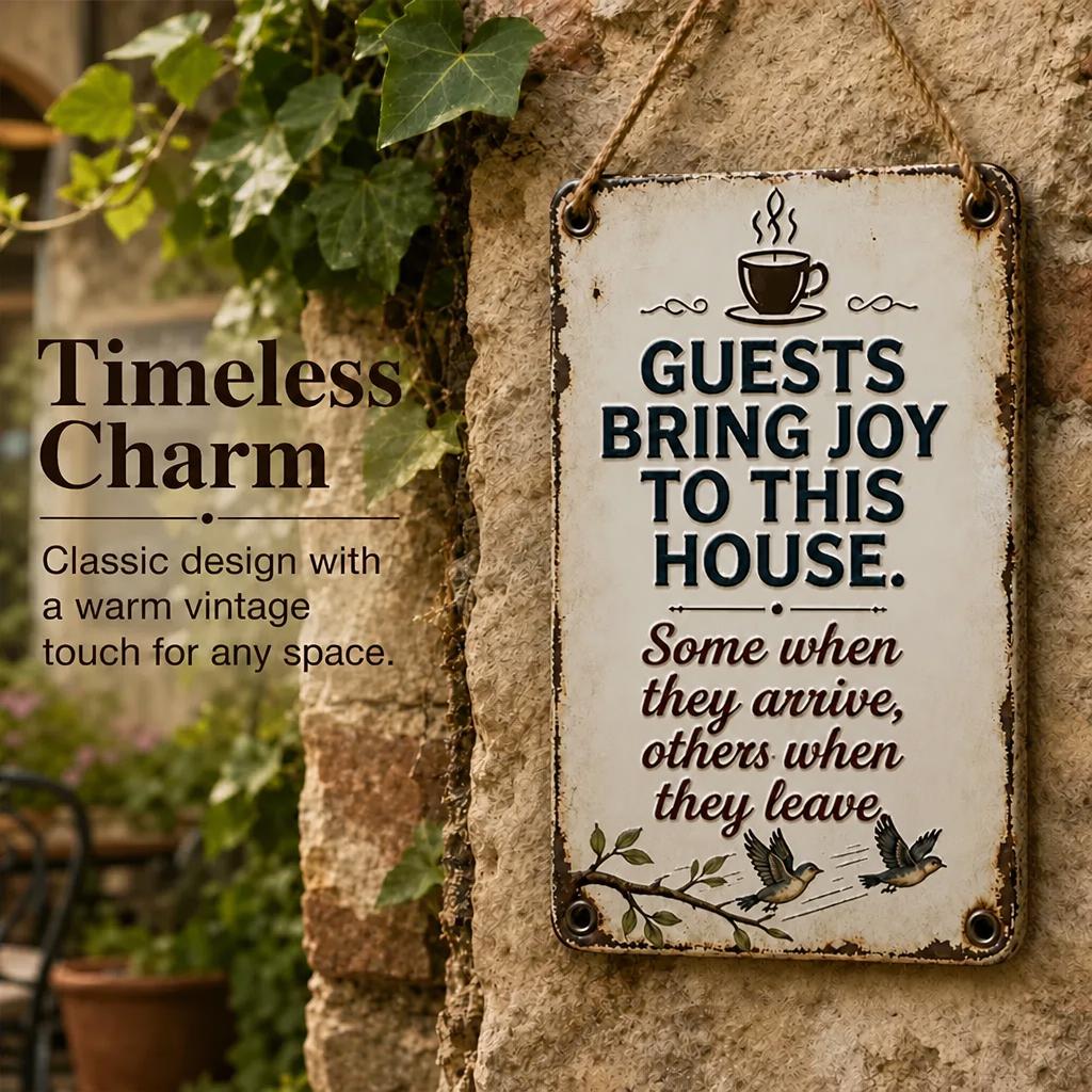 ☕ "Guests Bring Joy" Cheeky Vintage Metal Sign 🐦 | Cosy Home Decor & Fun Gift
