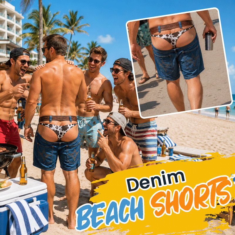 🏖️ Fake Denim Novelty Swim Shorts – Denim Style, Quick-Dry Holiday Comfort 🌊