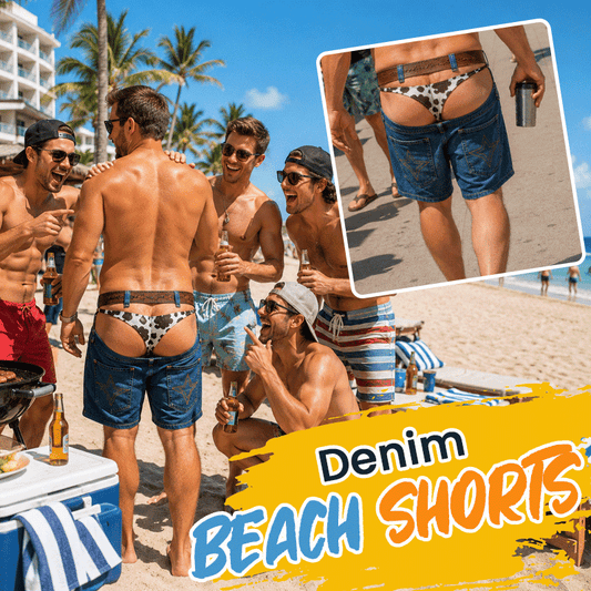 🏖️ Fake Denim Novelty Swim Shorts – Denim Style, Quick-Dry Holiday Comfort 🌊