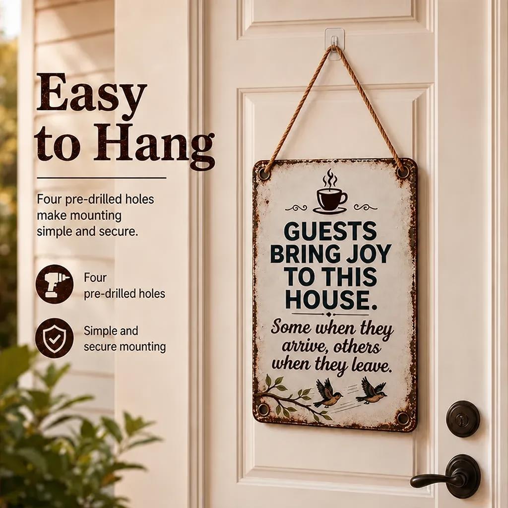 ☕ "Guests Bring Joy" Cheeky Vintage Metal Sign 🐦 | Cosy Home Decor & Fun Gift