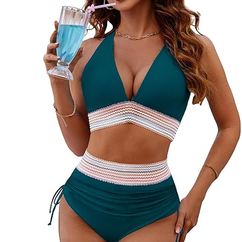 💖💃2025 High Waisted Tummy Control Colour Block Bikini Sets