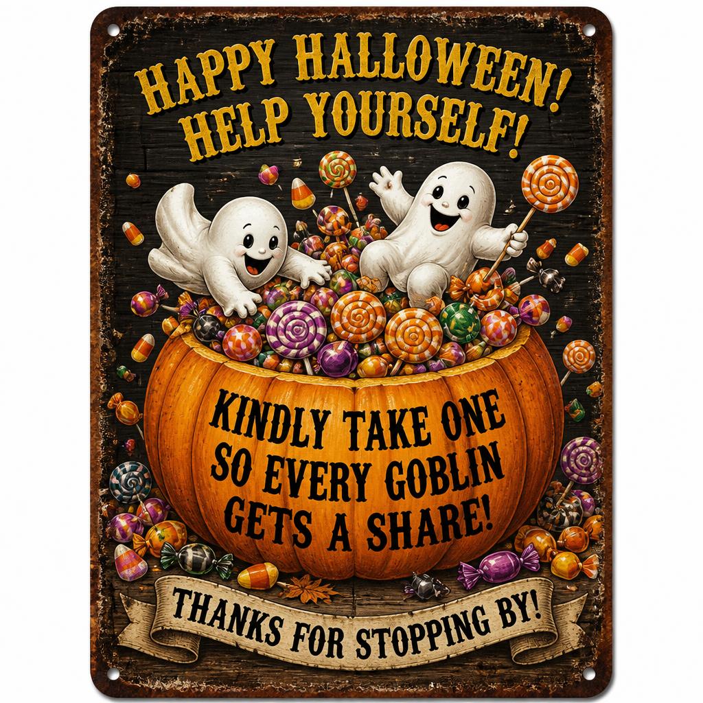 🎃 Happy Halloween "Help Yourself" Tin Sign — Enjoy Your Night Out While Leaving Treats for Every Little Goblin! 👻