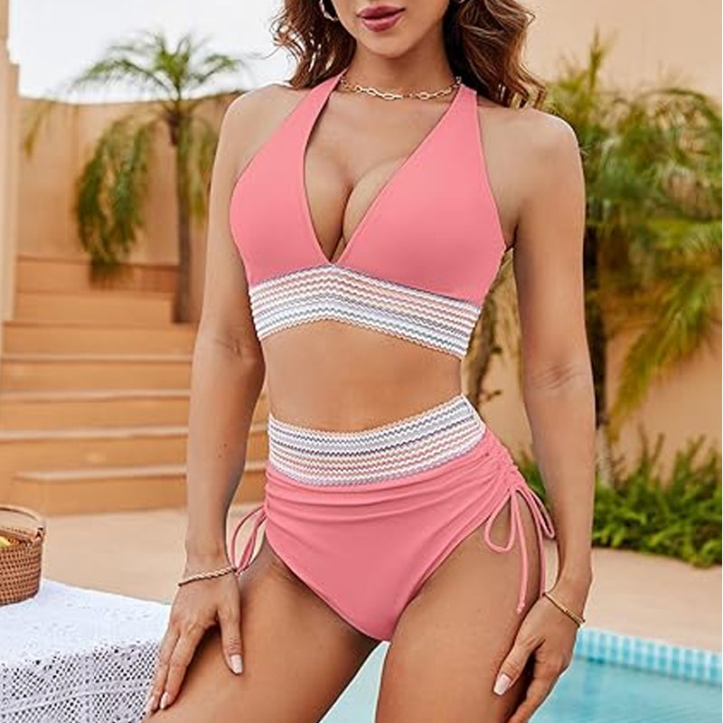 💖💃2025 High Waisted Tummy Control Colour Block Bikini Sets