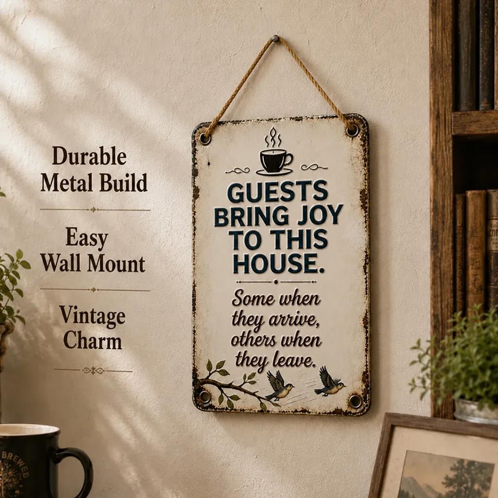 ☕ "Guests Bring Joy" Cheeky Vintage Metal Sign 🐦 | Cosy Home Decor & Fun Gift
