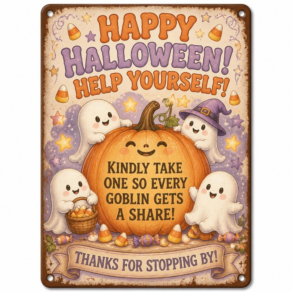 🎃 Happy Halloween "Help Yourself" Tin Sign — Enjoy Your Night Out While Leaving Treats for Every Little Goblin! 👻
