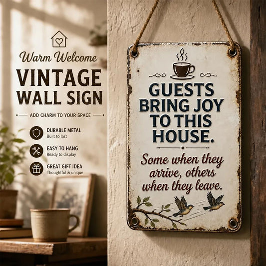 ☕ "Guests Bring Joy" Cheeky Vintage Metal Sign 🐦 | Cosy Home Decor & Fun Gift