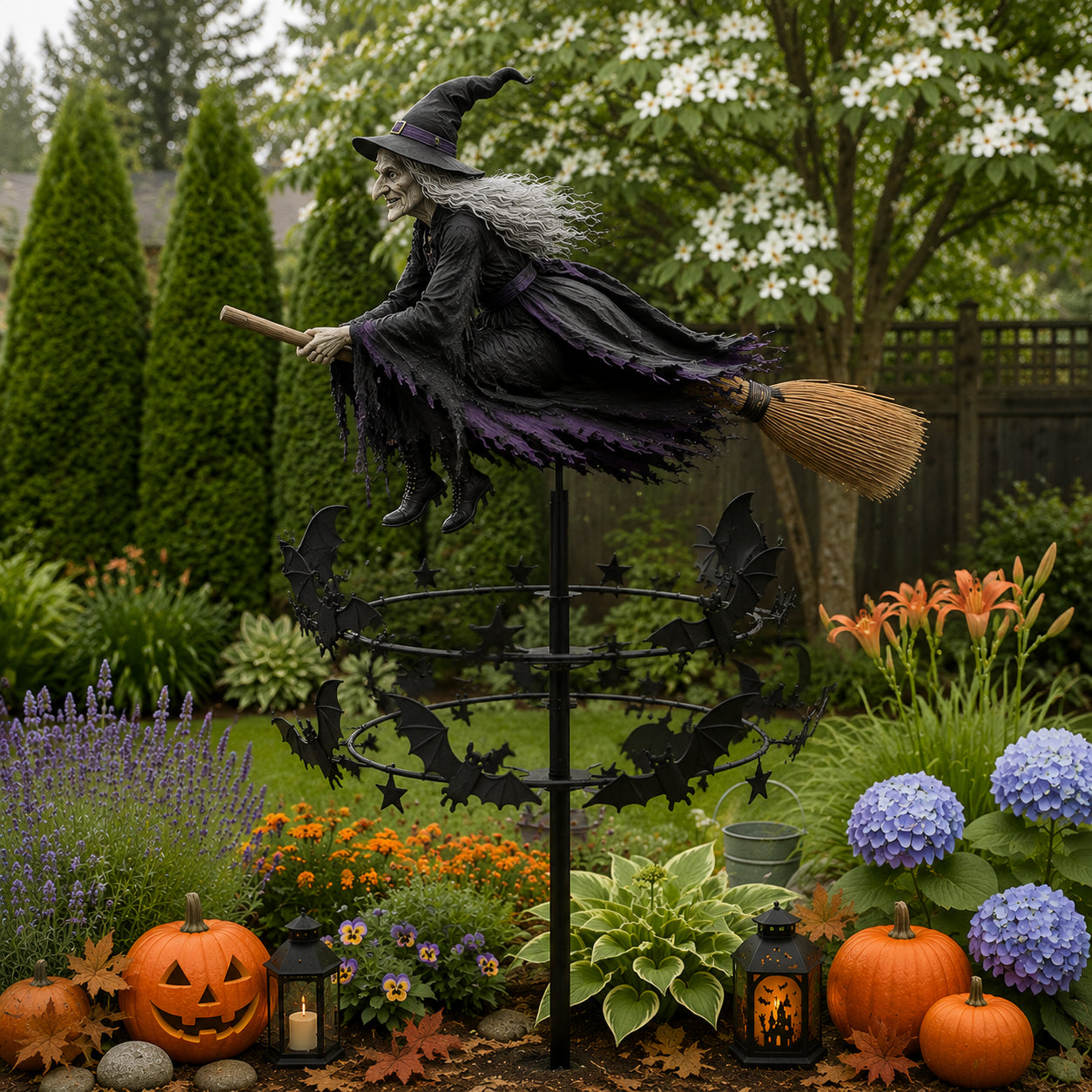Witch and Bat Kinetic Wind Spinner - Enchanted Halloween Garden Decoration