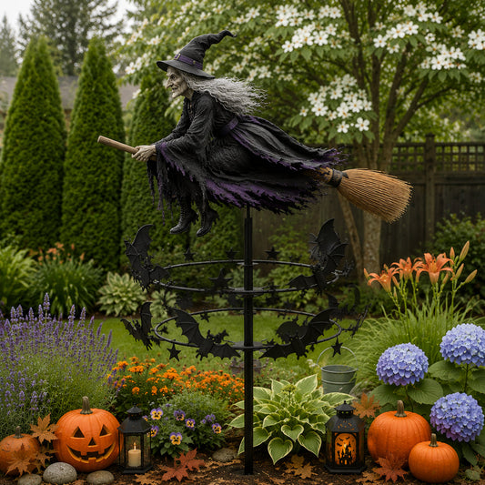 Witch and Bat Kinetic Wind Spinner - Enchanted Halloween Garden Decoration