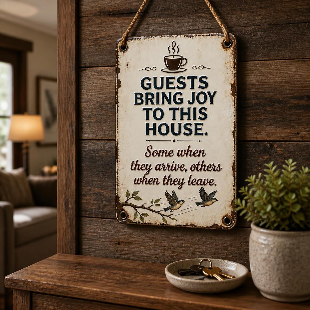 ☕ "Guests Bring Joy" Cheeky Vintage Metal Sign 🐦 | Cosy Home Decor & Fun Gift
