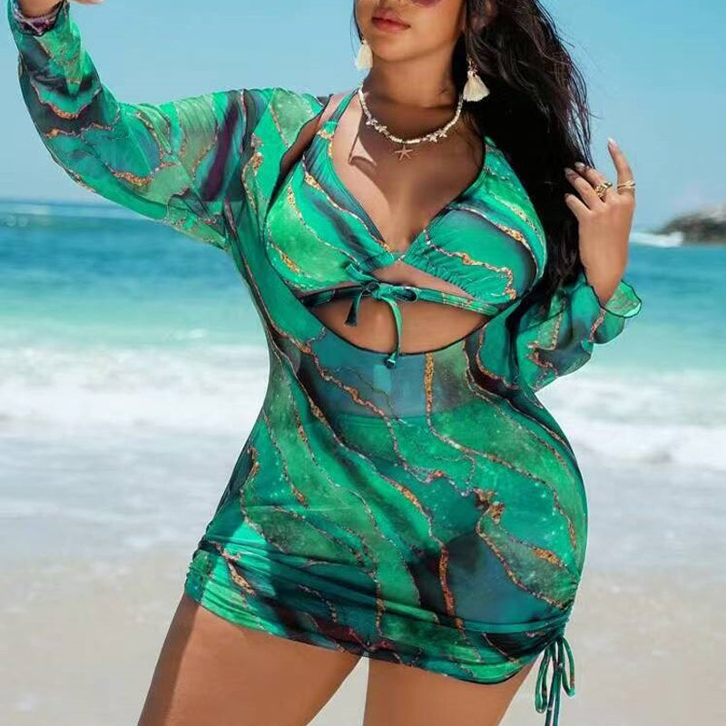 🏖️ 3-Piece Printed Bikini Set with Semi-Transparent Beach Cover-up 👙 (UK 10-22) 🏝️