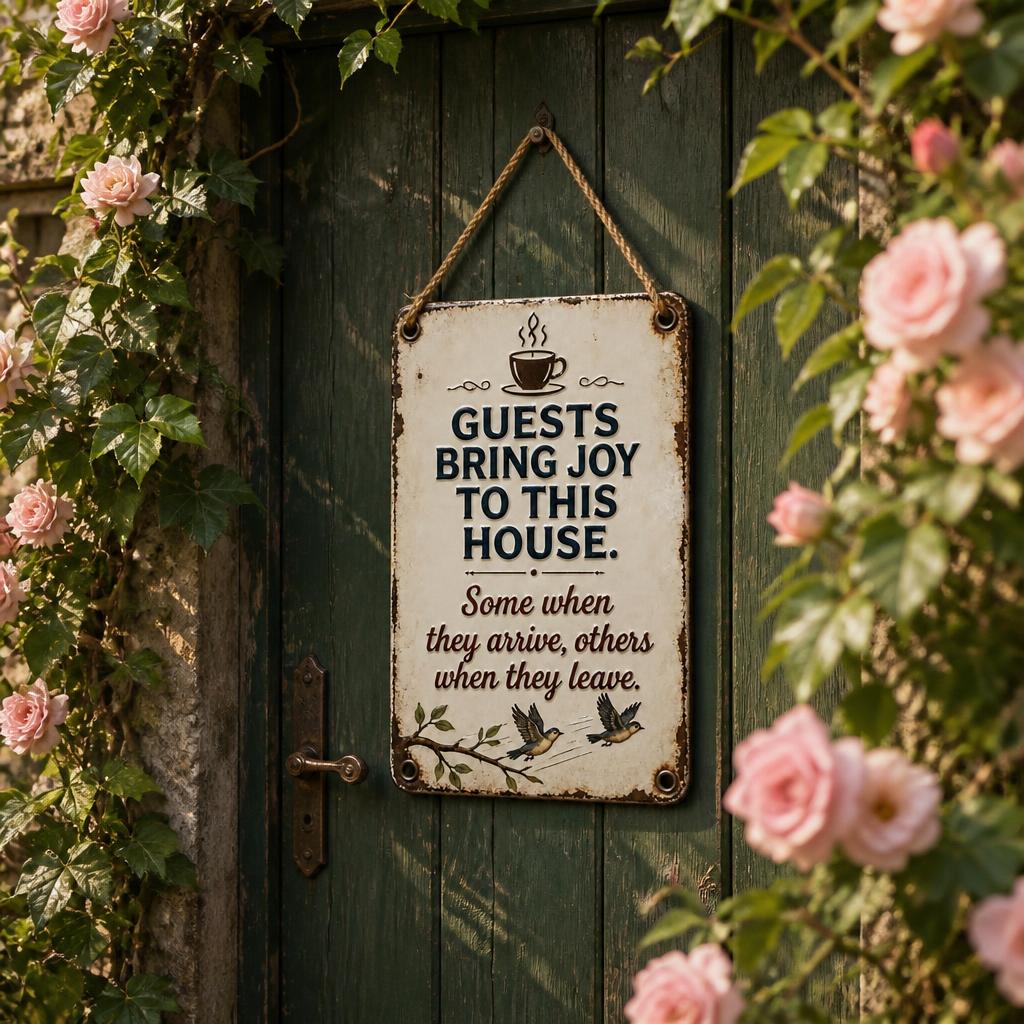 ☕ "Guests Bring Joy" Cheeky Vintage Metal Sign 🐦 | Cosy Home Decor & Fun Gift