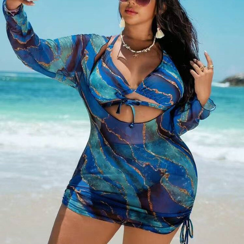 🏖️ 3-Piece Printed Bikini Set with Semi-Transparent Beach Cover-up 👙 (UK 10-22) 🏝️