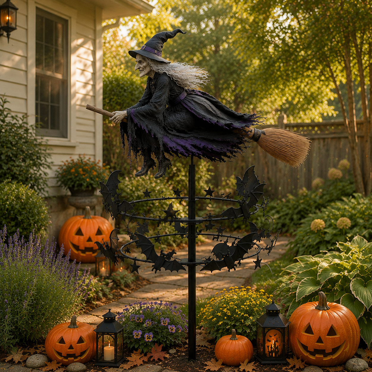 Witch and Bat Kinetic Wind Spinner - Enchanted Halloween Garden Decoration