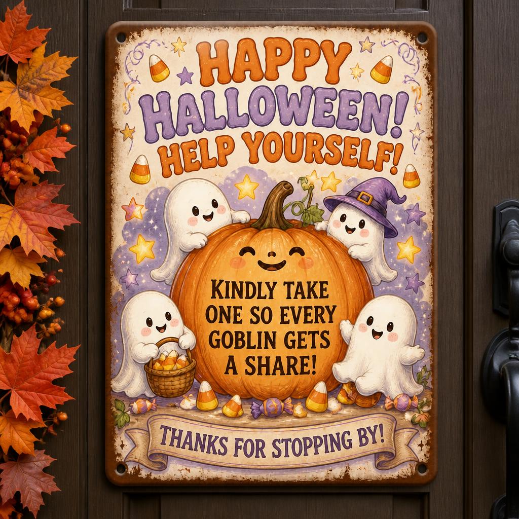 🎃 Happy Halloween "Help Yourself" Tin Sign — Enjoy Your Night Out While Leaving Treats for Every Little Goblin! 👻
