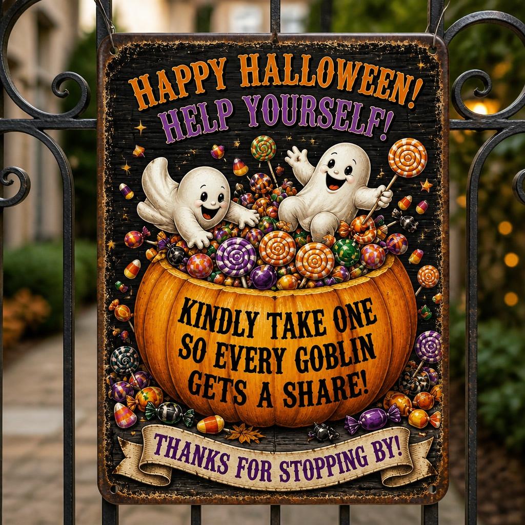 🎃 Happy Halloween "Help Yourself" Tin Sign — Enjoy Your Night Out While Leaving Treats for Every Little Goblin! 👻