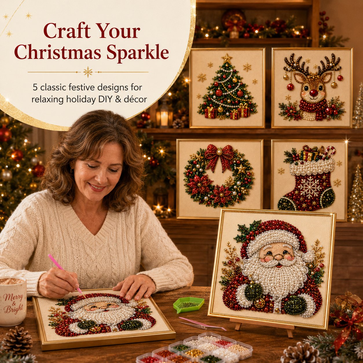 Cosy Winter Crafting 🎄 3D Christmas Raised Pearl Paint-by-Numbers Set (Includes Elegant Frame)