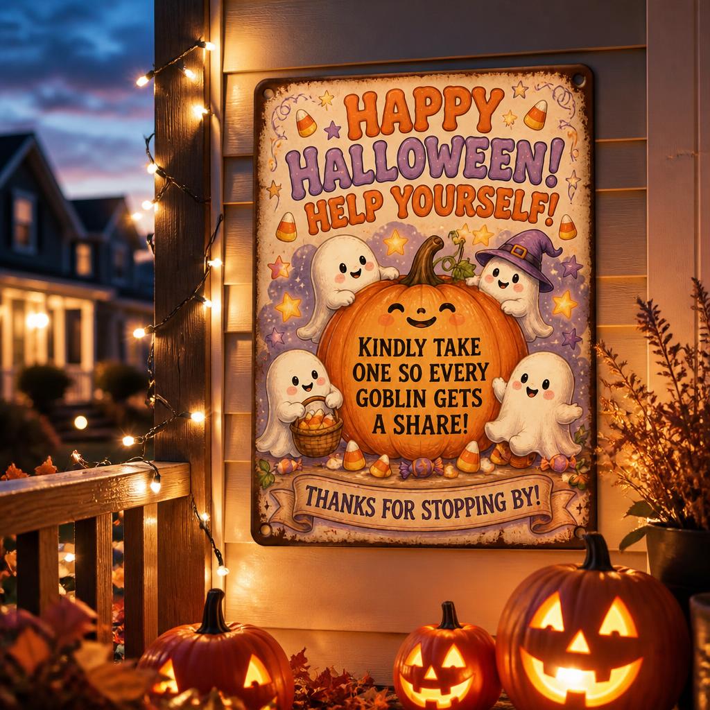 🎃 Happy Halloween "Help Yourself" Tin Sign — Enjoy Your Night Out While Leaving Treats for Every Little Goblin! 👻