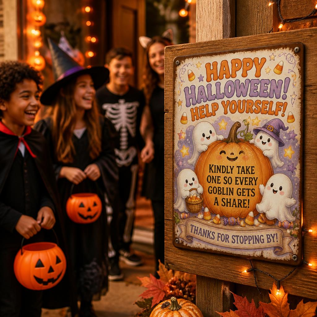 🎃 Happy Halloween "Help Yourself" Tin Sign — Enjoy Your Night Out While Leaving Treats for Every Little Goblin! 👻
