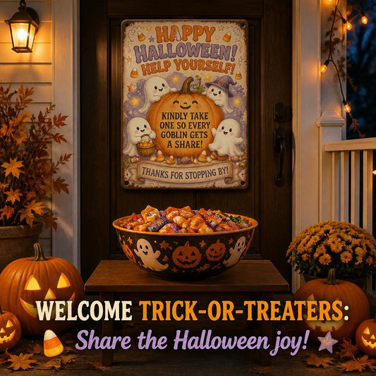 🎃 Happy Halloween "Help Yourself" Tin Sign — Enjoy Your Night Out While Leaving Treats for Every Little Goblin! 👻