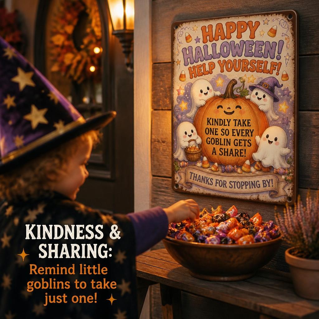 🎃 Happy Halloween "Help Yourself" Tin Sign — Enjoy Your Night Out While Leaving Treats for Every Little Goblin! 👻