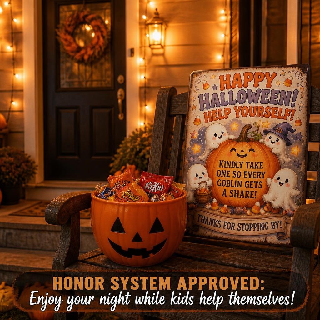 🎃 Happy Halloween "Help Yourself" Tin Sign — Enjoy Your Night Out While Leaving Treats for Every Little Goblin! 👻