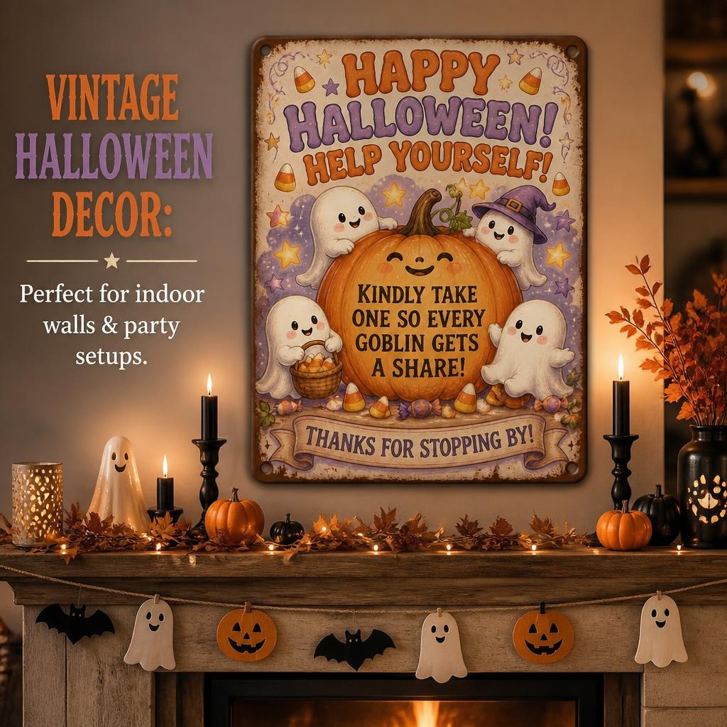 🎃 Happy Halloween "Help Yourself" Tin Sign — Enjoy Your Night Out While Leaving Treats for Every Little Goblin! 👻
