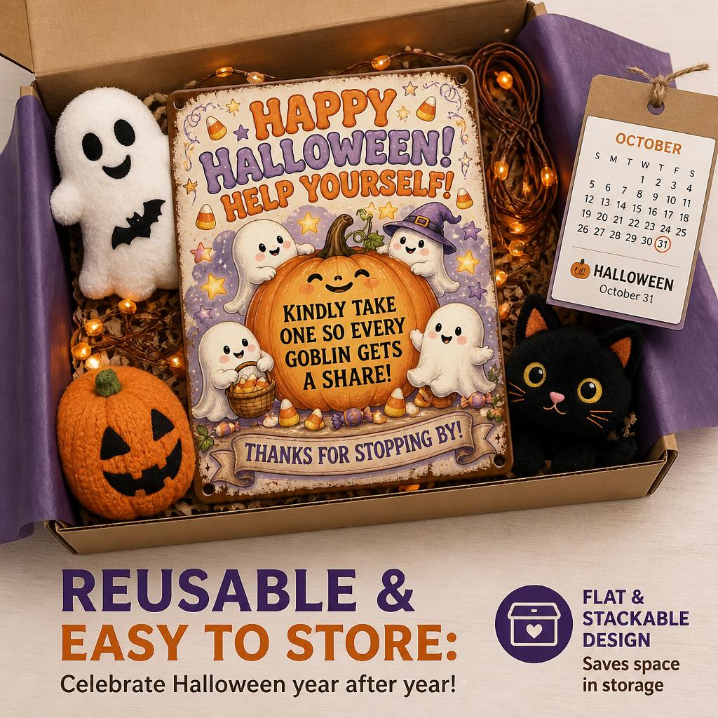 🎃 Happy Halloween "Help Yourself" Tin Sign — Enjoy Your Night Out While Leaving Treats for Every Little Goblin! 👻